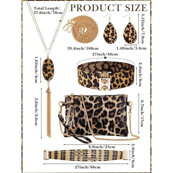 Leopard Jewelry Set Alloy Steel Earrings Necklace Bracelets Purse Belt for Women main image 4